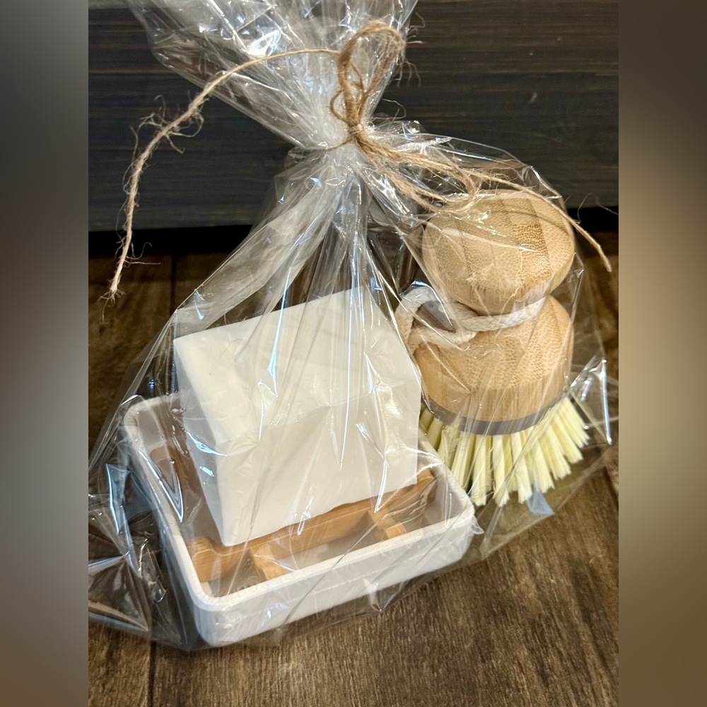 Eco-Friendly Bamboo Dish Brush Set with White Soap Holder & soap